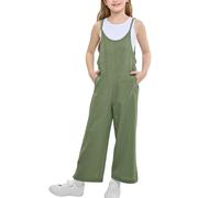 Rolanko Girls Jumpsuit Adjustable Spaghetti Strap Loose Overalls Rompers, Cotton Baggy Plain Playsuits with Pockets for Age 5-12 Years, Green, Size: 10-11 Years, 150