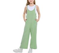 Rolanko Girls Jumpsuit Adjustable Spaghetti Strap Loose Overalls Rompers, Cotton Baggy Plain Playsuits with Pockets for Age 5-12 Years, Light Green, Size: 10-11 Years,150