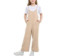 Rolanko Girls Jumpsuit Adjustable Spaghetti Strap Loose Overalls Rompers, Cotton Baggy Plain Playsuits with Pockets for Age 5-12 Years, Khaki, Size: 10-11 Years,150