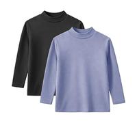 Rolanko Girls Long Sleeve Shirt Fleece Thermal Base Layer Tops Stretchy Plain Mock Neck Undershirt for Kids 2 Packs, Black HazeBlue, 130, 7-8 Years