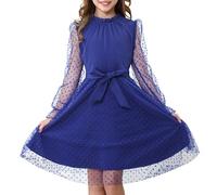 Rolanko Girl's Puff Long Sleeve Dress, High Waist with Belt A Line Ruffled Collar Contrast Mesh Princess Party Tulle Dresses, Navy, 11-12 Years, 160