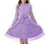 Rolanko Girl's Puff Long Sleeve Dress, High Waist with Belt A Line Ruffled Collar Contrast Mesh Princess Party Tulle Dresses, Purple, 11-12 Years, 160