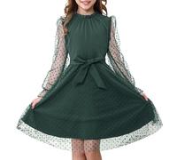 Rolanko Girl's Puff Long Sleeve Dress, High Waist with Belt A Line Ruffled Collar Contrast Mesh Princess Party Tulle Dresses, DarkGreen, 10-11 Years, 150
