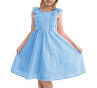 Rolanko Girls Ruffle Sleeve Dress Square Neck Hallow Out A-Line Midi Flowy Button Summer Sundress, Blue, 9-10 Years, 140