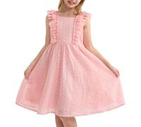 Rolanko Girls Ruffle Sleeve Dress Square Neck Hallow Out A-Line Midi Flowy Button Summer Sundress, Pink, 9-10 Years, 140