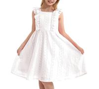 Rolanko Girls Ruffle Sleeve Dress Square Neck Hallow Out A-Line Midi Flowy Button Summer Sundress, White, 9-10 Years, 140