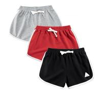Rolanko Girls Sports Shorts, Cotton Summer Contrast Binding Dolphin Short Pants, Kids Athletic Gym Wear for Running and Dancing, 3 Packs (Gray Red Black, Size: 140, 6-7 Years)