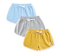 Rolanko Girls Sports Shorts, Cotton Summer Contrast Binding Dolphin Short Pants, Kids Athletic Gym Wear for Running and Dancing, 3 Packs (Sky Blue Gray Yellow, Size: 140, 6-7 Years)