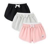 Rolanko Girls Sports Shorts, Cotton Summer Contrast Binding Dolphin Short Pants, Kids Athletic Gym Wear for Running and Dancing, 3 Packs, Coral Grey Black, Size: 10-11 Years/150
