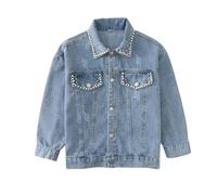 Rolanko Jean Jacket for Girls, Basic Distressed Denim Trucker Jacket Outwear Button Down Jeans Coat, Blue Pearl, Size: 170