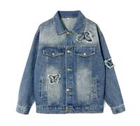 Rolanko Jean Jacket for Girls, Basic Distressed Denim Trucker Jacket Outwear Button Down Jeans Shirts, Butterfly, Size: 170