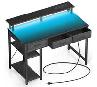 Rolanstar 100cm Computer Desk with Drawers, Home Office Desk with LED Lights, Storage Shelves, Power Outlets, Gaming Desk Study Writing Table for Work Play(Black)