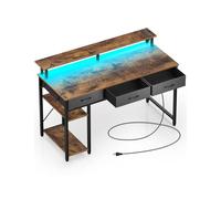 Rolanstar 120cm Computer Desk with Monitor Stand & Storage - 3 Fabric Drawers, 2 Shelves, Gaming Desk with LED Lights & Power Outlets, Home Office Desk, Study Writing Table for Work Play(Rustic Brown)