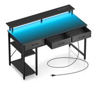 Rolanstar 120cm Computer Desk with Monitor Stand & Storage - 3 Fabric Drawers, 2 Shelves, Gaming Desk with LED Lights & Power Outlets, Home Office Desk, Study Writing Table for Work Play(Black)