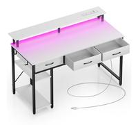 Rolanstar Computer Desk with Drawers, Home Office Desk with LED Lights, Storage Shelves, Power Outlets, Gaming Desk Study Writing Table for Work Play(White)