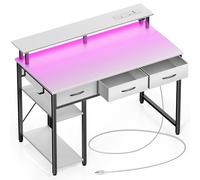 Rolanstar Computer Desk with Drawers, Home Office Desk with LED Lights, Storage Shelves, Power Outlets, Gaming Desk Study Writing Table for Work Play(White)