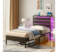 Rolanstar Single Bed Frame 90x190 with LED Lights, USB & Type-C Charging, Wooden & Metal Platform Bed with Headboard Shelf, Underbed Storage, for Small Bedroom