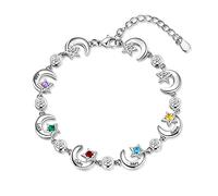 Rolaonly Name Bracelet with 5 Names Engraved Birthstone Crystals Sterling 925 Silver Stars Moon Pendant Family Tree Personalized Jewelry Gifts for Women's Birthday Christma's Day Valentine's Day