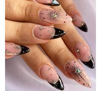 Rolcheleego 24Pcs Almond False Nails - Black Edge Press on Nails with 3D star - Fake Nails with Glue - Acrylic Full Cover Artificial Fake Nail for Women and Girls
