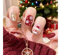 Rolcheleego 24pcs Christmas False Nails - Short Oval French Tip Press on Nails with White Edge, Holly Berry Pattern, Removable Glue-on Acrylic Full Cover Nails for Women & Girls' Nail Art