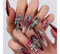 Rolcheleego 24pcs Long Stiletto False Nails Dark Red Black Stick on Nails Gothic Silver Cross Press on Nail Removable Glue on Full Cover Fake Nail Set for Women Brides