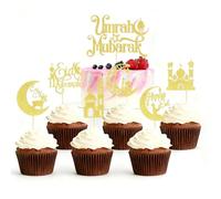 Rolcheleego 25PCS Eid-themed Cake Topper Set, Including 1 Large Umrah Mubarak Topper + 24pcs 6 Styles Small Toppers, Essential for Eid Baking Decoration and Gifting