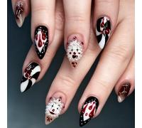 Rolcheleego Halloween Short Almond Press On Nails - Circus Clown Reusable Fake Nails - Blood Drop Stripes & Ghost Face Design - Stick on Nails with Glue for Women - Diamond Shaped Pattern False Nails