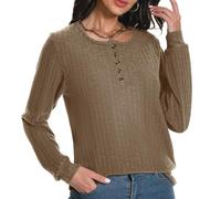 Rolcoassuns Womens Long Sleeve Jumpers Crewneck Ribbed Knit Pullover Sweaters Lightweight Striped Tops Casual Basic Tunic Shirt Brown