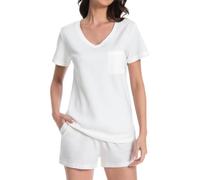 Rolcoassuns Women's Pyjama Sets Cotton Short Sleeve Soft 2 Pieces Lounge/Pjs Set V Neck T Shirts and Drawstring Shorts Summer Sleepwear Loungewear with Pockets White