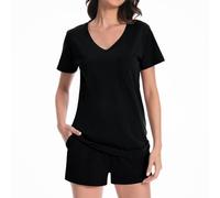 Rolcoassuns Women's Pyjama Sets Cotton Short Sleeve Soft 2 Pieces Lounge/Pjs Set V Neck T Shirts and Drawstring Shorts Summer Sleepwear Loungewear with Pockets Black