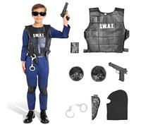 Role Play SWAT Force Play Set, Boys Kids Police Costume with Vest, 8Pcs Outfit Dress Up Ideal for Boys & Girls Aged 5-12 Kids Fancy Dress for Roleplay, Halloween, & STEM Learning (S-fits 5-6 Years)