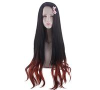 Role Play Wig For Anime Kamado Nezuko Cosplay Wig Kimetsu no Yaiba Halloween Curly Mixed Black Brown Hair