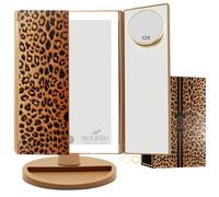 RoLeDo Lighted Makeup Mirror with Magnification 2X 3X 10X, Trifold Vanity Mirror with Lights, 72 LED Mirror, Touch Screen, 3 Color Lighting, Dual Power, Leopard Print, Gifts for Women, Cheetah Print