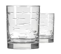 Rolf Glass School of Fish 13 oz Double Old Fashioned Whiskey Cocktail Glass | Set of 2 | Engraved Lead-free Tumbler Glasses | Made in the US