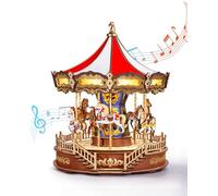 Rolife 3D Wooden Puzzle Carousel Classic Wooden Music Box with Lights and Classical Music Model Kit for Adults to Build Home Decoration Gift