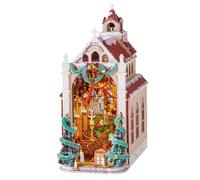 Rolife Book Nook Kit for Adults, Caroling Cathedral Christmas 3D Puzzle | 503-piece wooden Christmas cathedral book nook with dual lighting modes, glue-free slot assembly and a dust cover