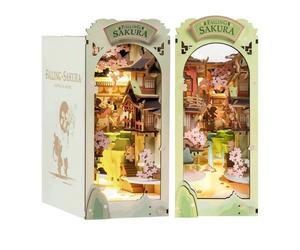 Rolife Book Nook Kits for Adults Falling Sakura DIY Miniature Kit with LED Light for Desk Library Bookshelf Decoration 3D Wooden Puzzle Booknook Model Kits for Adults to Build Gifts for Women