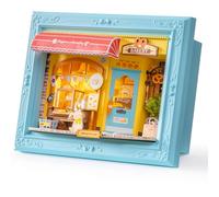 Rolife DIY Miniature House Fluffy Cat Bakery, 146-Piece Wooden 3D Puzzle for Adults, Wall Mountable Snap-Fit Model Kit with Touch-Activated LED Lights, Ideal Framed Wall Art for Home Decor