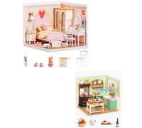 Rolife DIY Miniature House Kits - Lovely Pink Bedroom & Farmhouse Kitchen, Super Creator Model Kit with Adjustable Light, DIY Mini Dollhouse for Collectible Figures