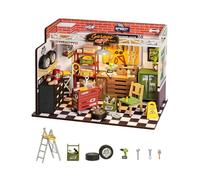 Rolife Wooden Miniature Dollhouse, Garage Workshop | Intermediate Level, 3.5 Hours, Miniature Handmade Model Kit, Craft Kits with LED Lights, Birthday Gift for Boys
