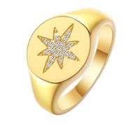 ROLIZHN Gold Plated Signet Ring for Women Inlaid Zircon Heart Star Leaf Lightning Spade Pattern 18K Gold Plated Stackable Rings for Everyday Wear (Style 4)