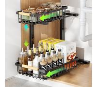 ROLIZOE 2 Tier Sliding Under Sink Storage Kitchen Organiser with 2 Pull Out Baskets 42.5cm Height Adjustable Metal Under Sink Shelf L-Shape Cupboard Organiser for Bathroom Pantry Cabinet Organization