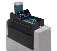 ROLIZOE 5 In 1 Silicone Sofa Armrest Tray with Dual Side Pockets Spill-Proof Couch Cup Holder with Phone Holder Weighted Anti-Slip Couch Arm Tray Organiser for Remote Control, Drinks & Snacks, Black