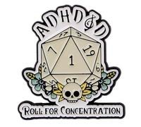 Roll For Concentration Die Dice ADHD Awareness Autism Anxiety Autistic Neurodivergent Neurodiversity Humor Joke Funny Dragon Dungeon Fantasy Skull Game 1.3" Enamel Pin Badge