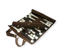 Roll Up Backgammon Set, Brown Faux Suede with Black and Cream Playing Pieces, Portable Travel Board Game with Personalised Gold Foil Initials