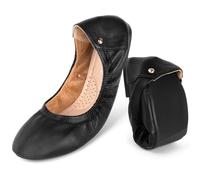 Roll Up Shoes, Black Leather Ballet Flats, Portable Round Toe Slip On Dolly Shoes, Ballet Pumps for Women Ladies for Weddings and Parties Work Office Formal(6 UK)