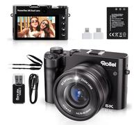 Rollei 64MP 5K Digital Camera, Powerflex X8 Dual Lens Digicam with 8X Optical Zoom Compact Camera with 3.6" Touch Screen Portable Photo Cam 3 Focus Options for Beginners Black, Digital-Camera-Digicam