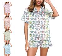 Roller Rabbit Pajamas, Trendy 2 Piece Button Down Monkey Bunny Shorts Set, Roller Rabbit Dupes, Preppy Pajamas (M,Colorful)