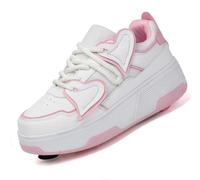 Roller Shoes for Boys & Girls Comfortable Breathable Sneakers with Detachable Retractable Wheels Kids Wheeled Footwear with Front Toe Brake Beginner Roller Skates,339 Pink,4.5 UK