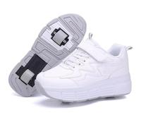 Roller Skate Shoes Double Wheels Retractable Skateboarding Pulley Shoes 2 in 1 Multifunctional Lightweight Outdoor Sports Cross Trainers Gymnastic Running Sneakers(White,4 UK)
